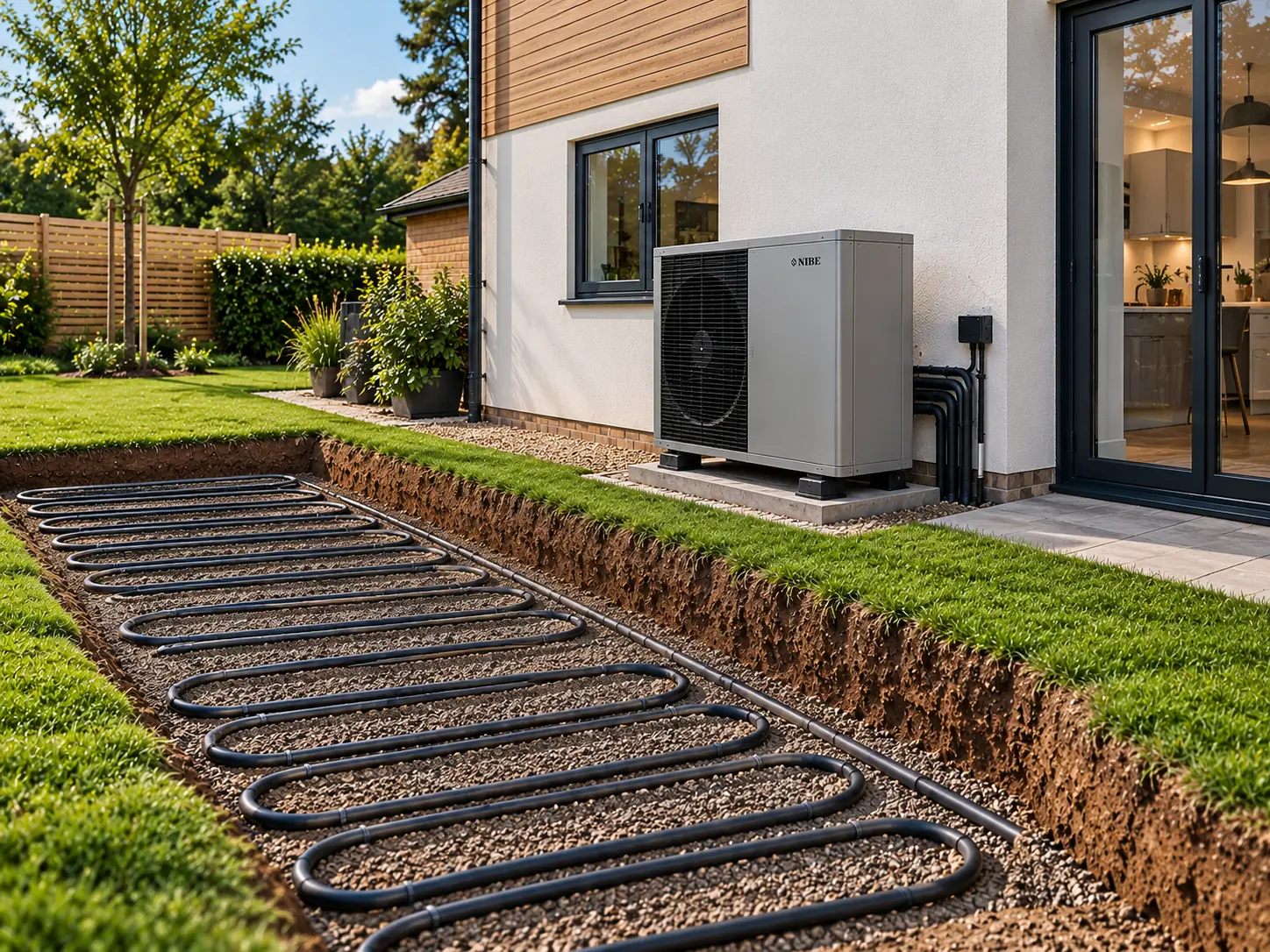 Ground source heat pump unit beside a home, with underground collector loops laid in a trench of gravel