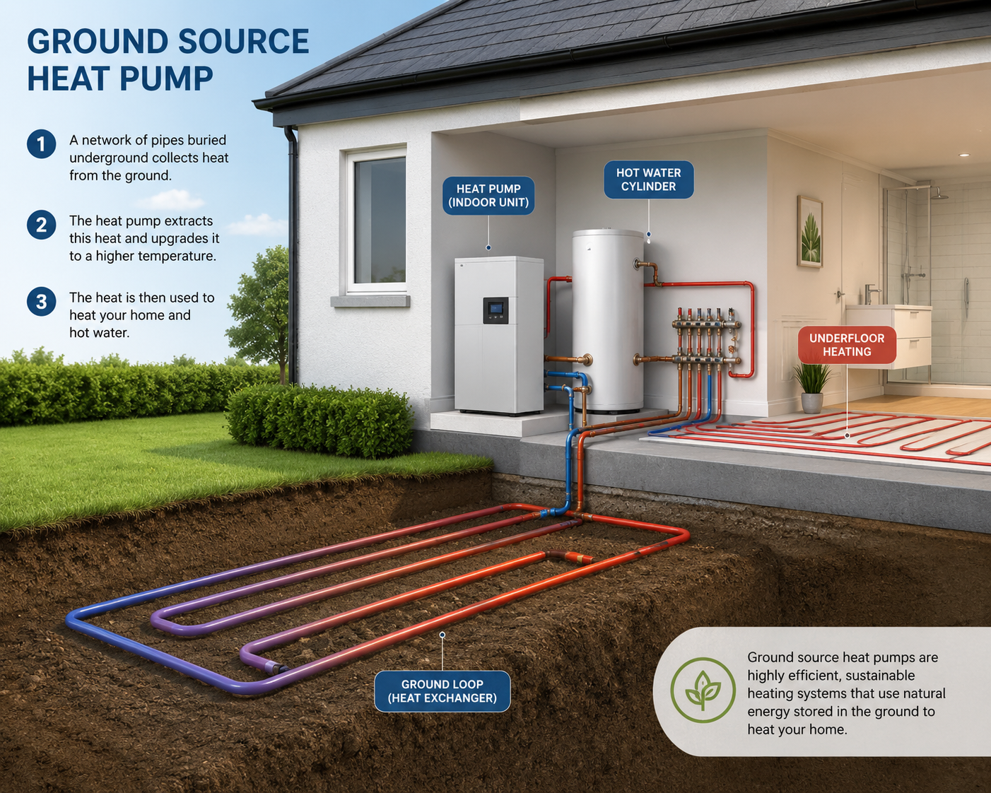 Ground source heat pump diagram showing underground pipes and indoor unit